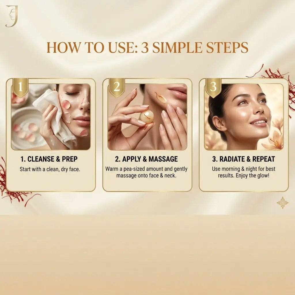 Infographic titled How to Use: 3 Simple Steps for Jounza Zafrani Beauty Cream. Step 1: Cleanse & Prep - Start with a clean, dry face. Step 2: Apply & Massage - Warm a pea-sized amount and gently massage onto face & neck. Step 3: Radiate & Repeat - Use morning & night for best results. Enjoy the glow!