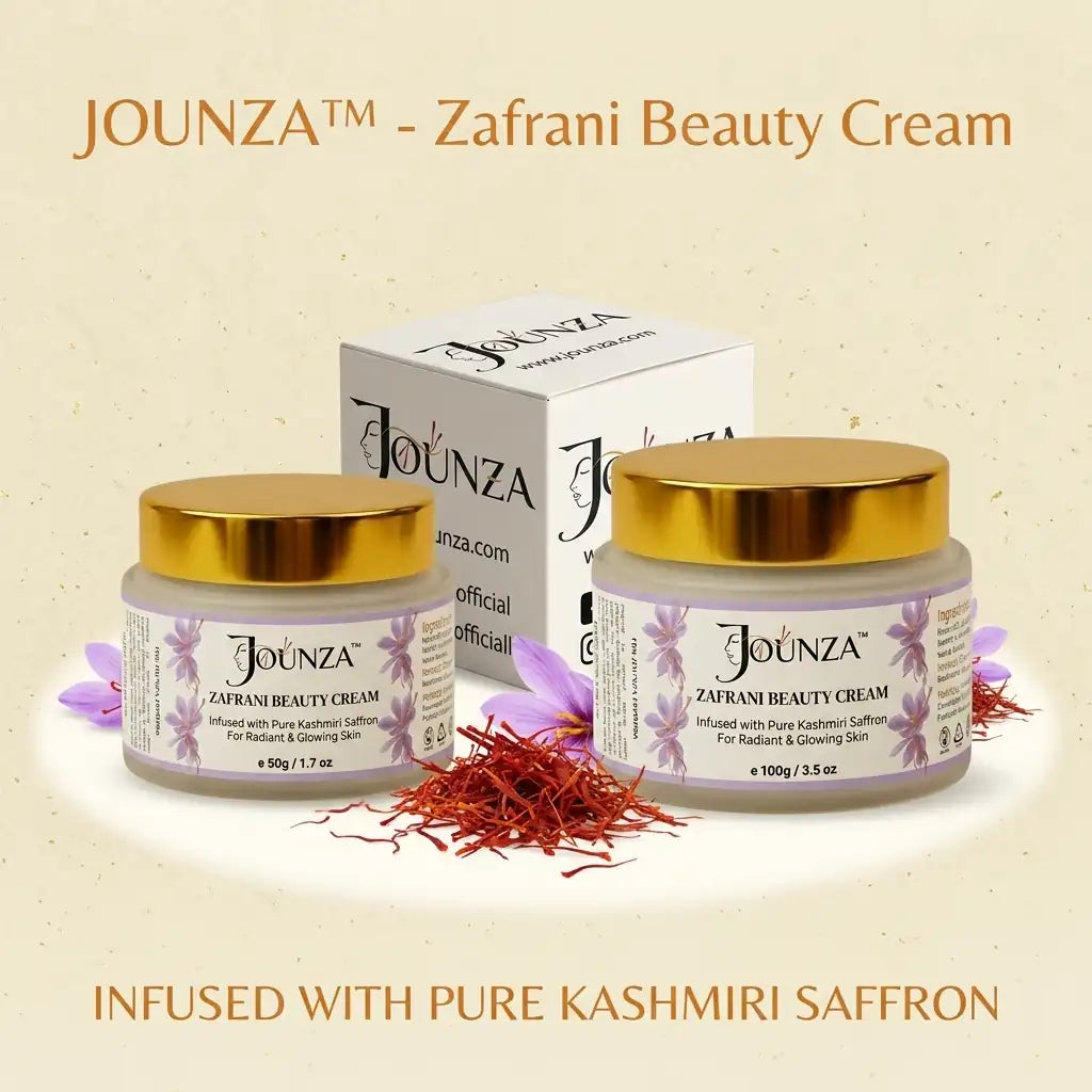 Jounza Zafrani Beauty Cream main product listing image showing the 50g (1.7 oz) and 100g (3.5 oz) jars side-by-side with a luxury white packaging box. Infused with pure Kashmiri saffron text is displayed alongside real saffron strands and purple saffron flowers