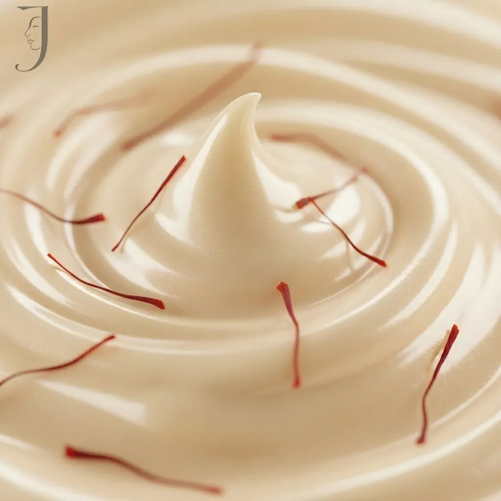 Close-up shot of the smooth, rich, and creamy texture of Jounza Zafrani Beauty Cream. The luxurious swirl of the ivory-colored face cream is topped with delicate real Kashmiri saffron strands, with a subtle brand logo watermark in the corner.