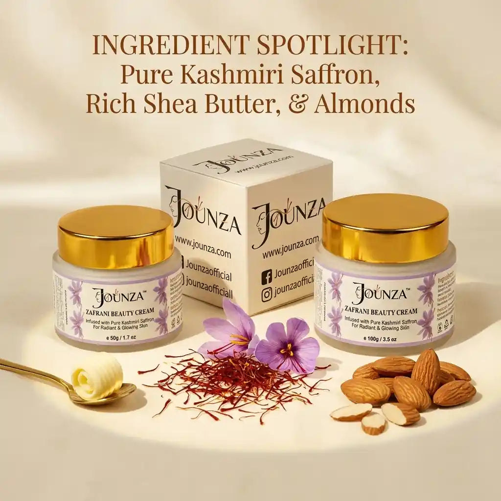 Jounza Ingredient Spotlight infographic displaying pure Kashmiri saffron, rich shea butter, and almonds. Features the 50g and 100g Zafrani Beauty Cream jars alongside real saffron threads, purple saffron flowers, a gold spoon with shea butter, and whole almonds.
