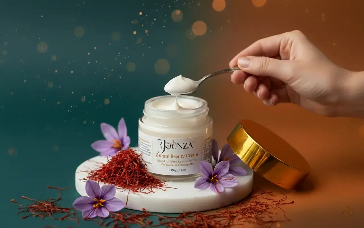 An open jar of Jounza Zafrani Beauty Cream resting on a white marble base, surrounded by purple saffron flowers and a pile of real saffron threads. A hand scoops a dollop of luxurious cream with a small silver spoon against a rich teal and gold backdrop